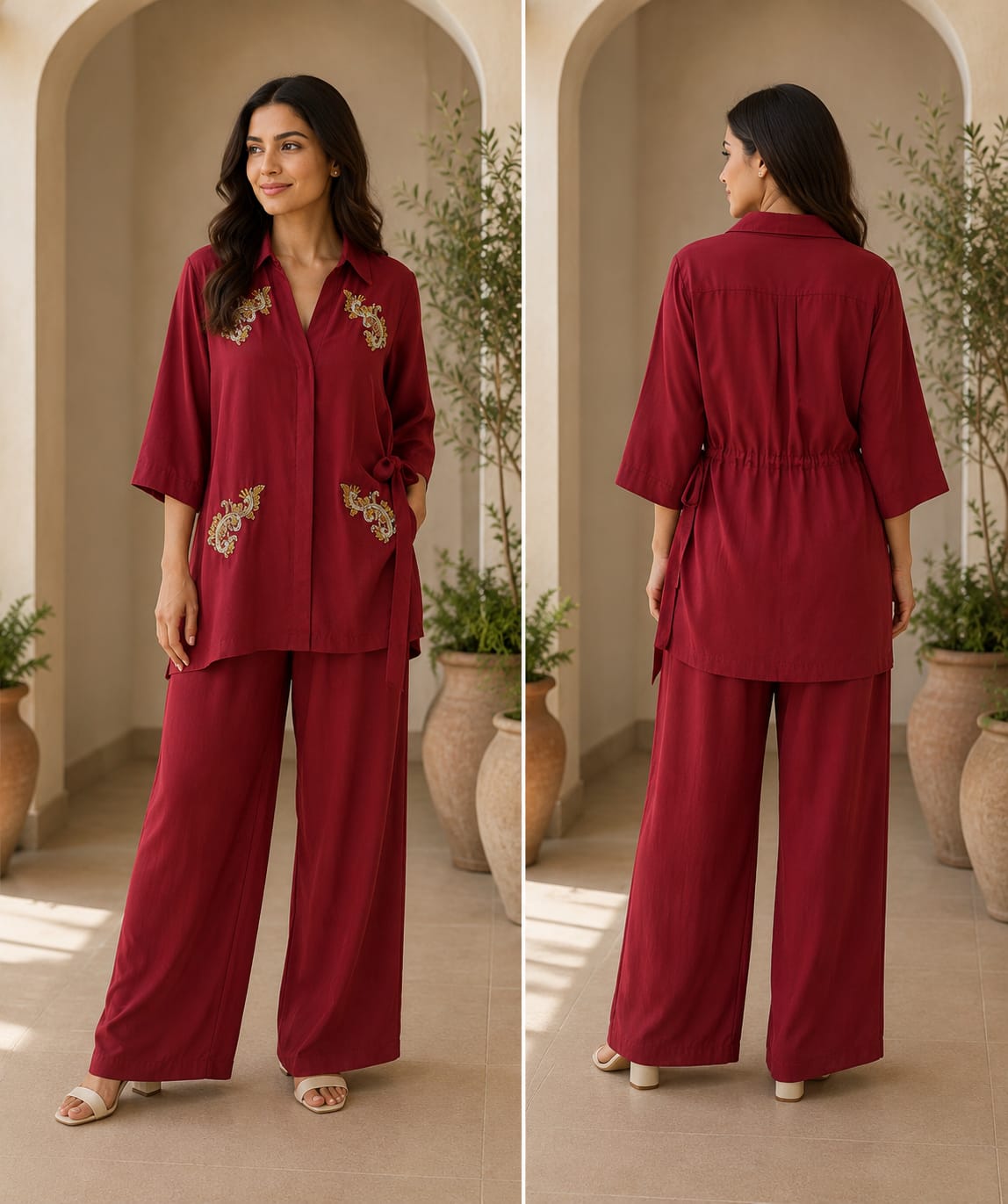Maroon Tie-Waist Embroidered Co-ord Set