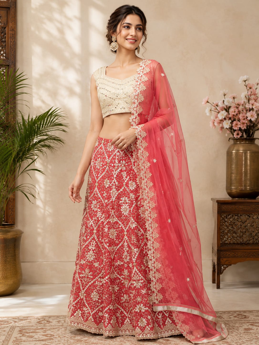 Embroidered Coral Pink and Cream Lehenga Choli Set