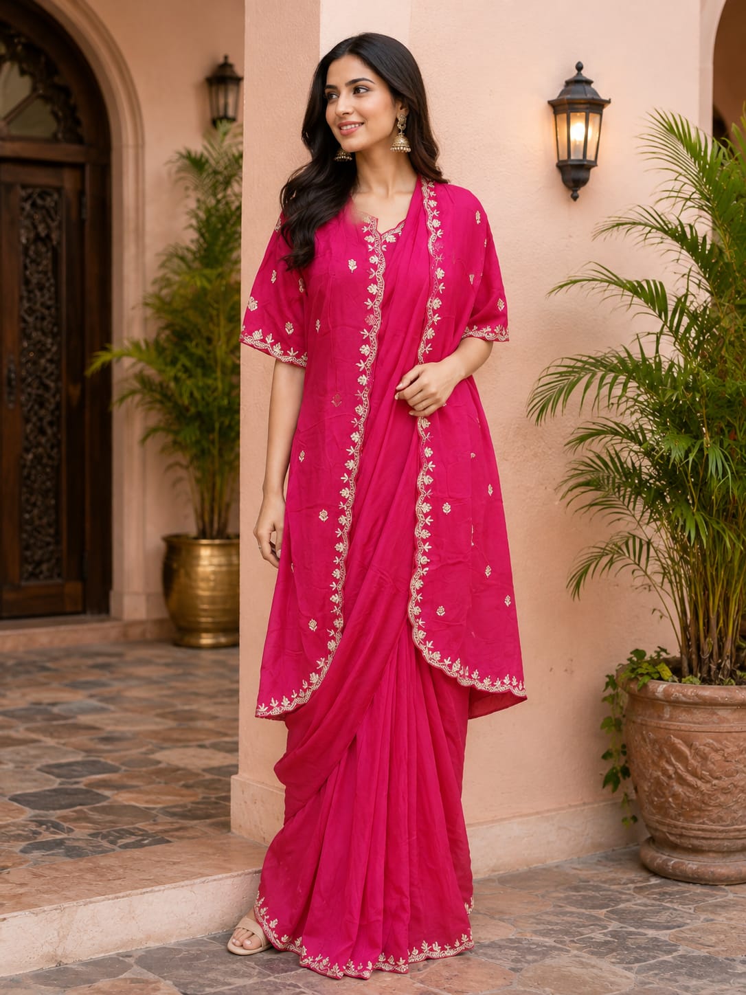 Fuchsia Pink Saree with Embroidered Cape Set