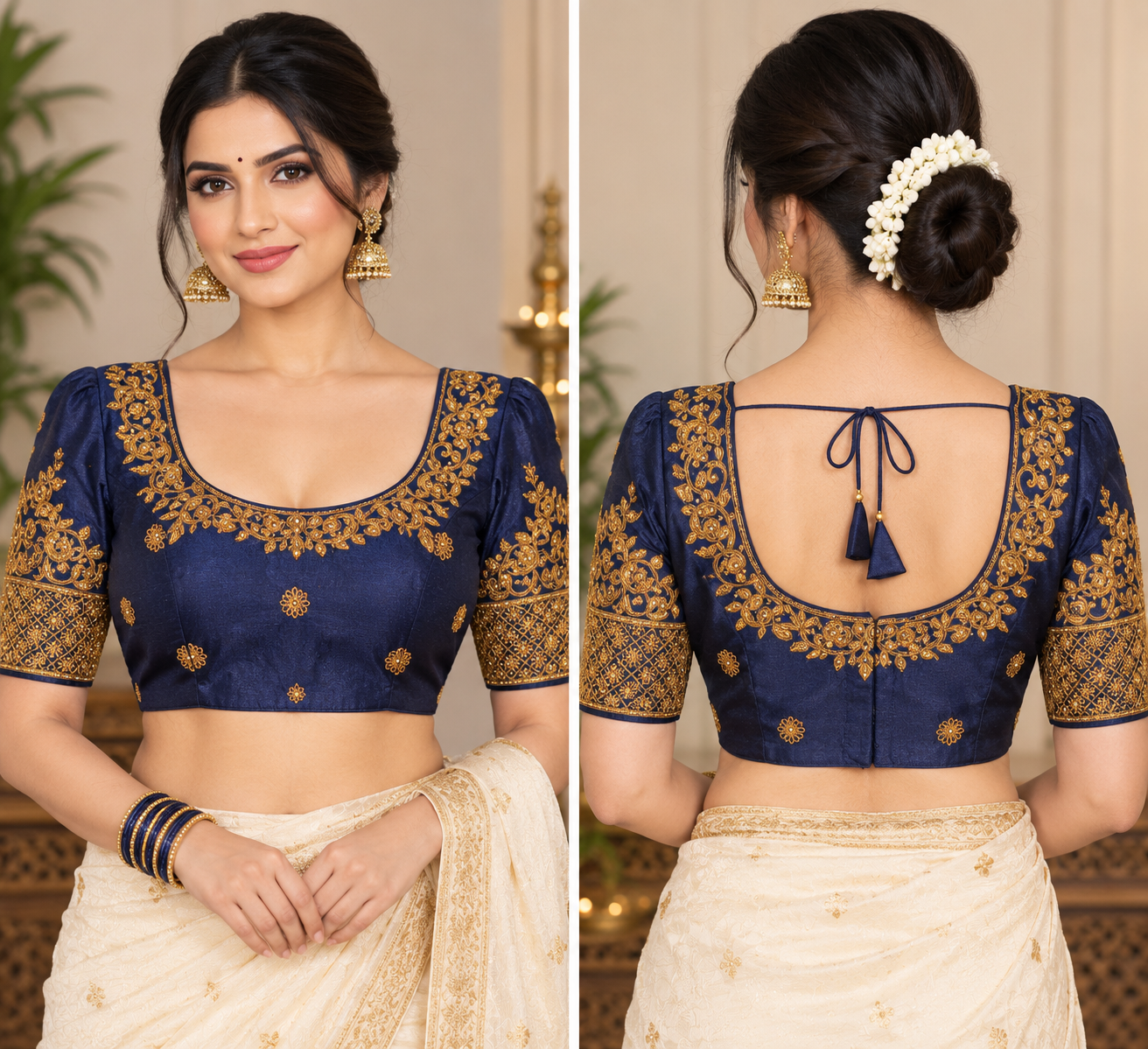Navy Blue Embroidered Blouse with Gold Zari Work