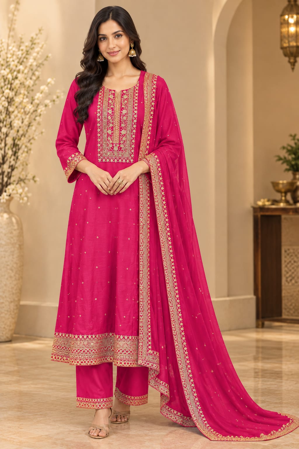 Women's Fuchsia Pink Embroidered Kurta Set with Dupatta