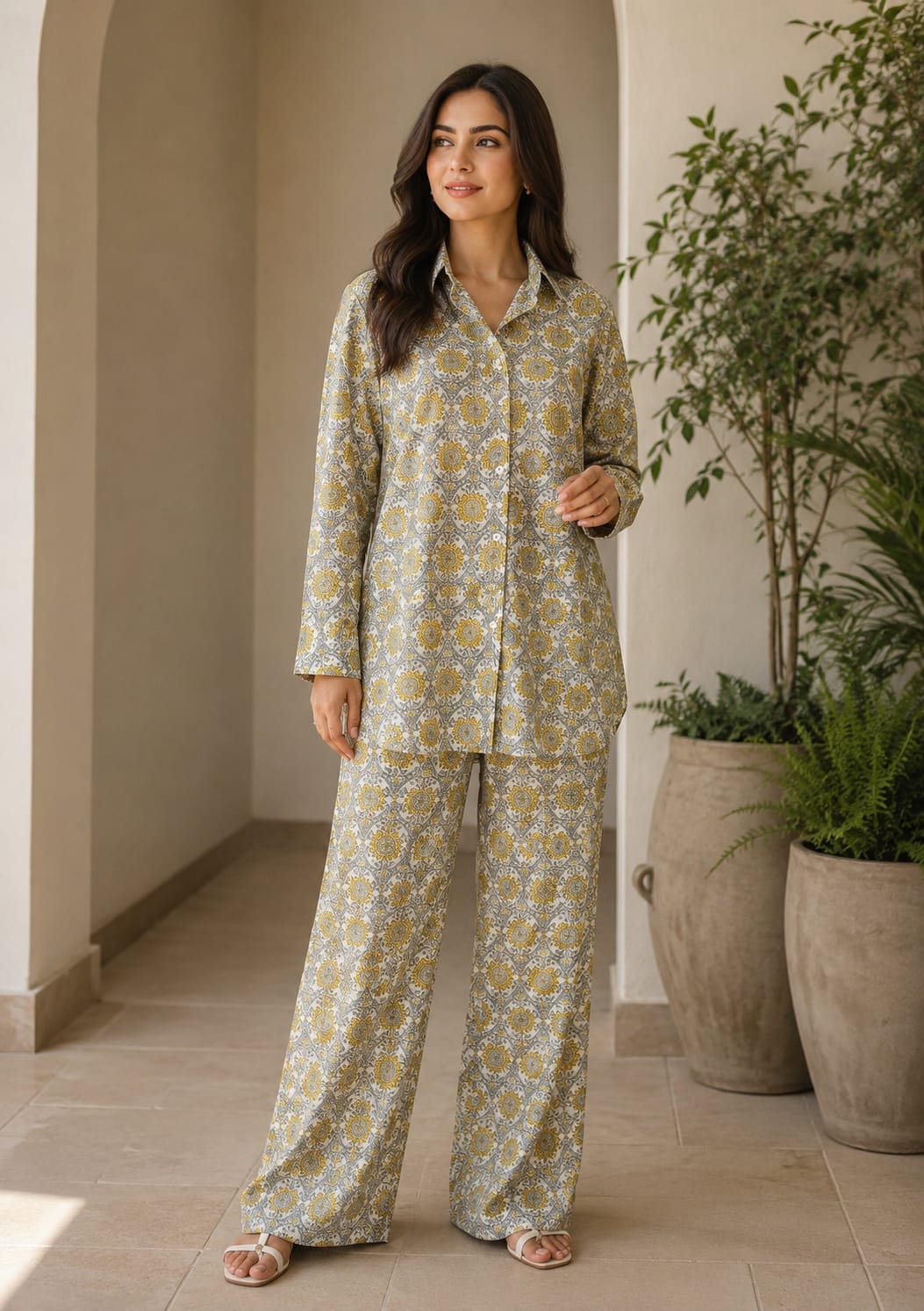 Grey and Yellow Printed Mandani Co-ord Set