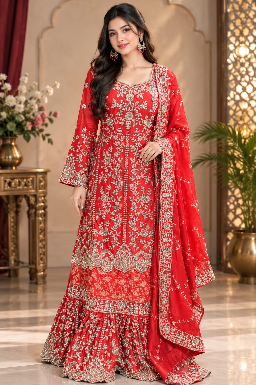 Vibrant Red Heavily Embroidered Gharara Suit with Dupatta