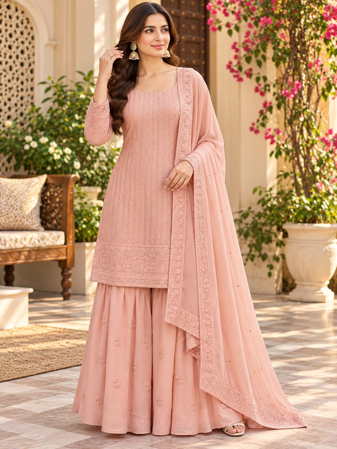 Peach Embroidered Sharara Suit Set with Dupatta