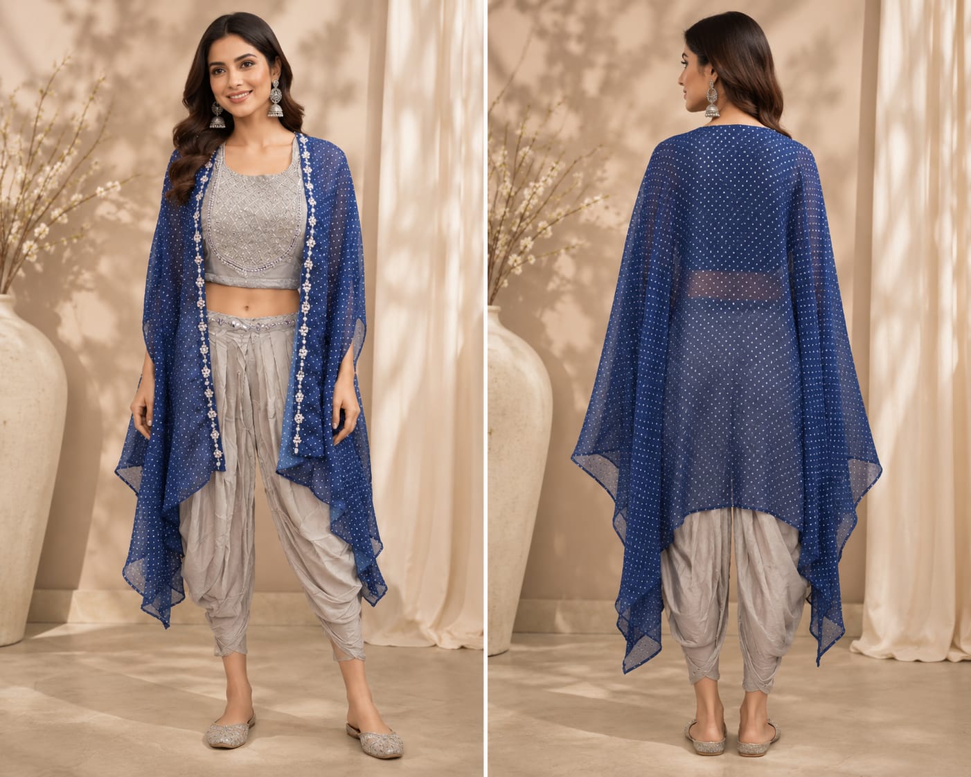 Dhoti Pants and Embroidered Crop Top Set with Cape