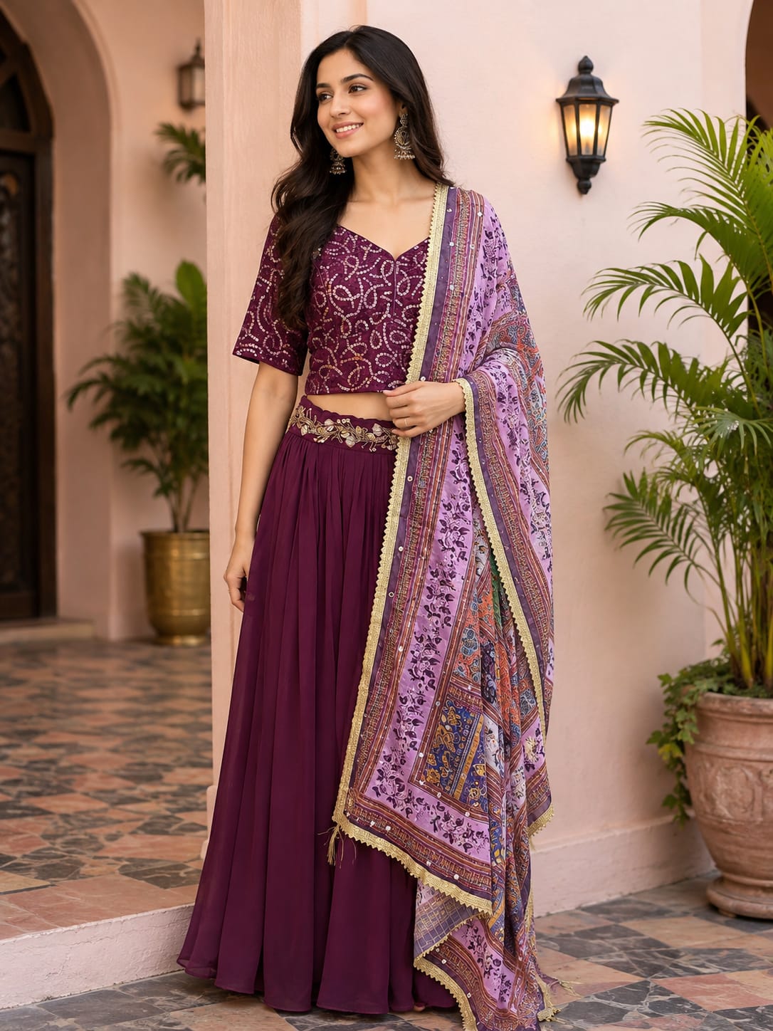 Embroidered Plum Lehenga Choli Set with Printed Dupatta