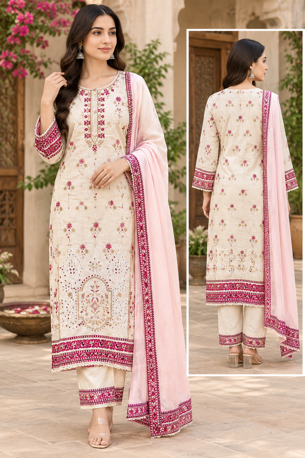 Embroidered Cream and Pink Salwar Kameez Set