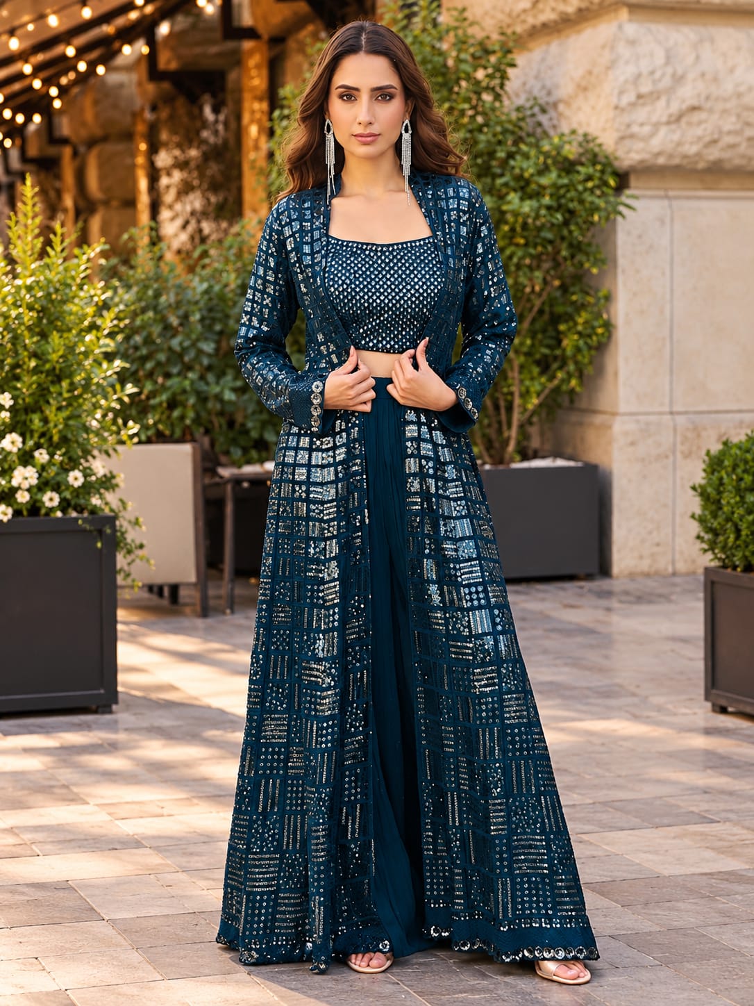 Teal Blue Embellished Open-Front Jacket, Crop Top and Palazzo Set