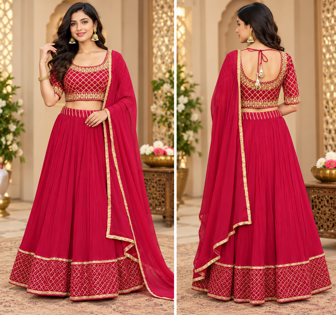 Women's Embroidered Lehenga Choli Set in Magenta