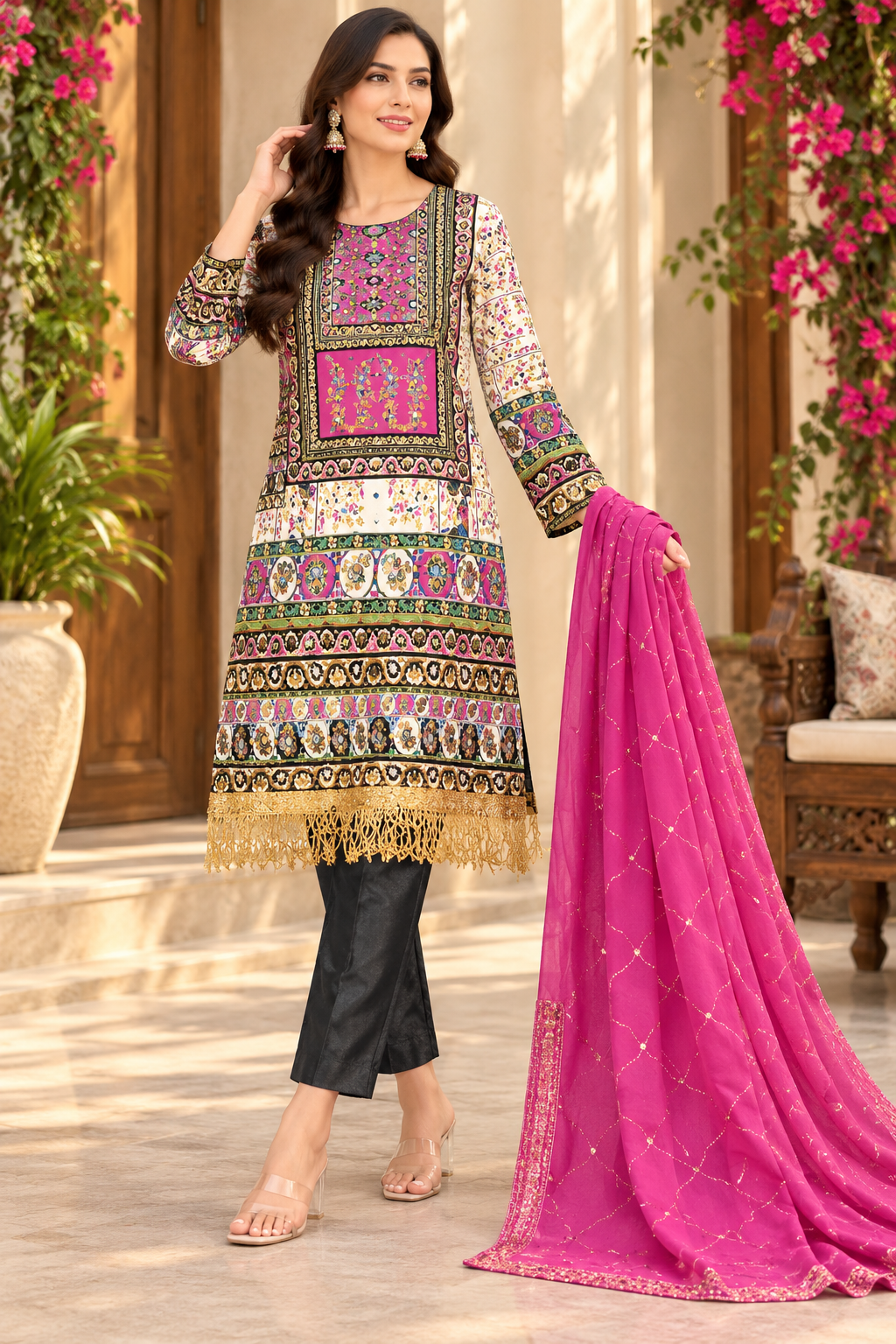 Multicolor Printed Kurta Set with Black Trousers and Magenta Dupatta