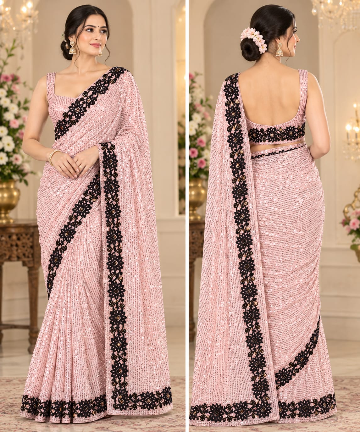 Pink Sequin Saree with Contrasting Black Floral Border